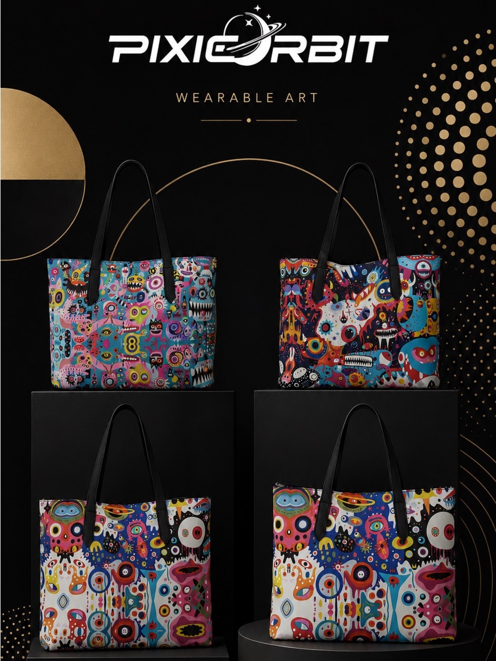 Random PixieOrbit Wearable Art Colorful Abstract Print Tote Bag - Multicolor